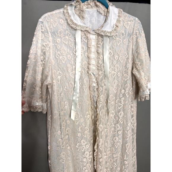 Vintage 60s Odette Barsa Lace Overlay Robe Dressing Gown M/L Fairy Coquette FLAW - Picture 9 of 15